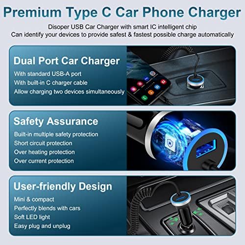 Ultra-Fast Google Pixel Car Charger with 3 FT Built-in USB-C Cable – Dual Port Adapter for Google Pixel 9 Series, Galaxy S25 Ultra & More | Convenient Charging Solution for On-the-Go Power Needs | Compact & Durable Design for Everyday Use