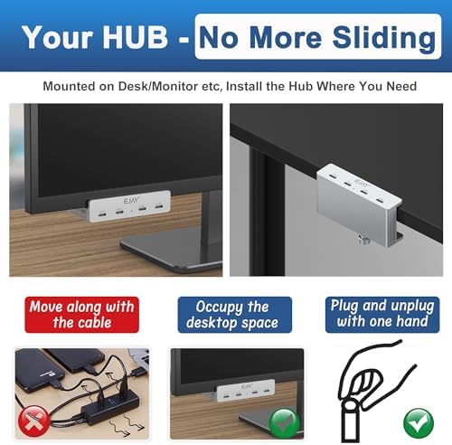 Transform Your Workspace with the EJAY Ultra-Fast 10 Gbps USB C Hub – Premium Aluminum Docking Station Featuring 4 USB 3.2 Ports, Innovative Desk Clamp Design, Additional Power Supply Port, and Extra Long Data/Power Cables for Superior Device Connectivity and Productivity Enhancement