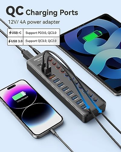 Maximize Your Connectivity with the Wenter 5-Port USB 3.0 Hub – Fast Data Transfer and Type-C Charging Hub for Mac & PC, Featuring Individual LED Switches for Power Management and Enhanced Performance