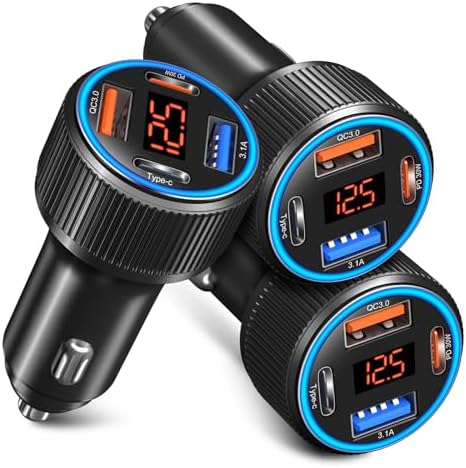High-Speed USB C Car Charger 3-Pack – 65 W Dual Port QC+PD 3.0 Fast Charging Adapter with Voltmeter for i Phone 16-12, i Pad Pro Max & Android Devices – Reliable Multi-Port Cigarette Lighter Charger in Sleek Black/Gray Design