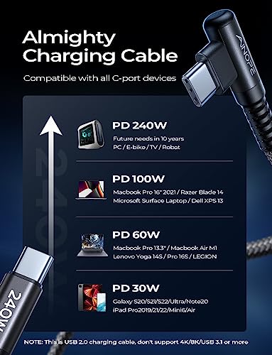 Optimize your charging setup with the AINOPE 240 W USB C to USB C Cable, a 6-foot powerhouse engineered for ultimate speed and flexibility. Featuring a right-angle connector, this fast charging cable is perfect for gaming or multitasking without the clutter of tangled cords. Compatible with the latest devices, including i Phone 16 Pro Max, i Phone 15, Mac Book Air/Pro, i Pad Pro, Samsung Galaxy, and Pixel, it delivers an impressive 240 W power output for rapid charging. The dual-pack offers exceptional value, ensuring you have a reliable charging solution wherever you go. Built with premium materials for durability, the sleek grey and blue design enhances your tech aesthetic while providing long-lasting performance. Elevate your device charging experience with this versatile cable, designed for both home and office use, while ensuring seamless connectivity across all your electronics.