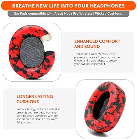 Upgrade Your Sound: WC Premium Replacement Earpads for Steelseries Arctis Nova Pro Wireless by Wicked Cushions | Enhanced Comfort with Thick, Soft Leather & Superior Durability | Red Camo Design for Distinctive Style & Optimal Sound Isolation