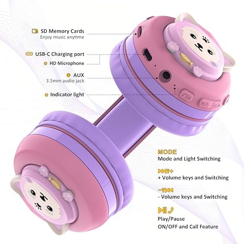 Riwbox CB-7 S Wireless Kids Headphones – Safe & Stylish Audio for Young Listeners with Adjustable Volume Control (74/85/95 d B), LED Glow Lights, 50 Hours of Playtime, Bluetooth 5.3 Connectivity, Built-in Microphone & TF Card Slot for School, Travel, and Home Use (Pink & Green) – Ideal for Active Lifestyles