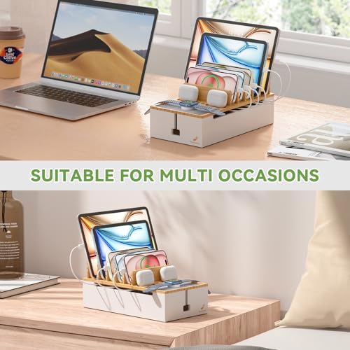 Pezin & Hulin Eco-Friendly Bamboo Cable Management Box – Sleek Desktop Organizer with 6 Cables for Tidy Charging Station, Stylish Wire Organizer for Electronic Devices, Enhances Workspace Efficiency and Aesthetics