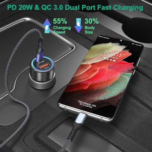 Bangfun 25 W Dual-Port USB-C Car Charger with 2 x 6.6 ft Cables – Ultra-Fast Charging for Samsung Galaxy S24/S23/S22/S21/S20 FE – Compact, Reliable, and Versatile Power Solution for On-the-Go Devices