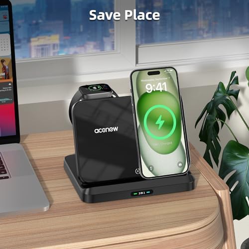 Revolutionize Your Charging Routine with the 3 in 1 Foldable Wireless Charging Station – Fast Mag-Safe Charger for i Phone 13/14/15 Pro Max, Apple Watch, and Air Pods – Sleek, Portable Design for Effortless Device Management and Enhanced Compatibility