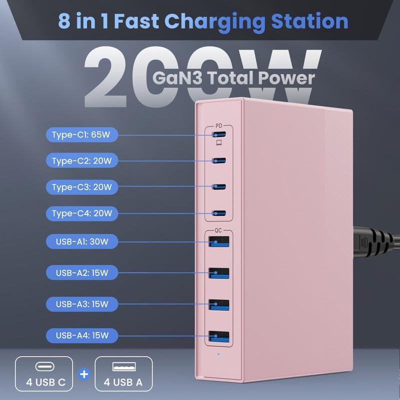 Revolutionize Your Charging Experience: 200 W Ga N III USB C Travel Charger Hub – 8-in-1 Multi-Device Fast Charging Station for Mac Book Pro, Dell XPS, i Phone 16/15/14 & Galaxy S24 – Compact, Lightweight Design with PD 65 W Power Delivery & Enhanced Compatibility – Stylish Purple Finish for Tech Enthusiasts