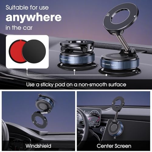 360° Rotatable Vacuum Magnetic Phone Holder, Foldable and Retractable Suction Cup Car Phone Mount for Car/Gym/Mirror/Smooth Surface, Compatible with iPhone Android and All Smartphones (Black) – Enhanced Compatibility and Speed