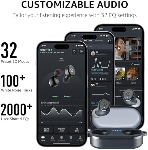 TOZO T10 Wireless Earbuds with Bluetooth 5.3 – Customizable EQ for Personalized Sound, Ergonomic Fit for Ultimate Comfort, 55 Hours Playtime, IPX8 Waterproof Rating, Wireless Charging Case – 2025 Enhanced Audio Experience for Active Lifestyles