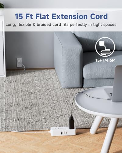 Sleek Flat Plug Power Strip with 5 Ft Extension Cord – 4 AC Outlets & 3 Fast-Charging USB Ports (5 V/3.4 A) – Compact Travel-Friendly Power Solution for College Dorms, Home Offices, and On-the-Go Charging – Maximize Space and Connectivity
