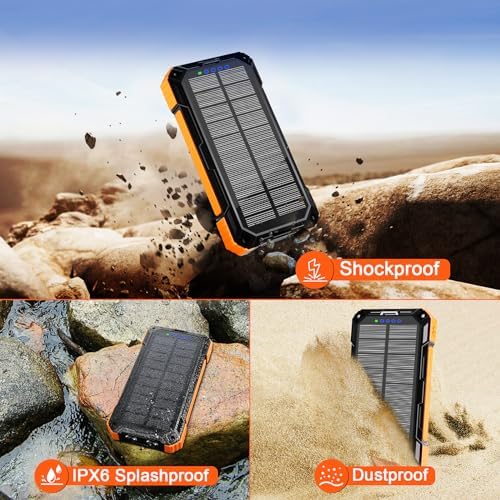 WONGKUO 49,800 m Ah Solar Power Bank – All-Weather Waterproof Charger with USB-C & QC 3.0 Fast Charging, Built-in 4 Cables & LED Flashlight for Outdoor Adventures, Ultimate Portable Battery Solution for Camping & Hiking