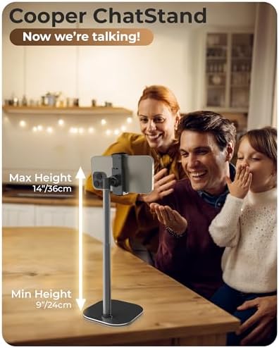 Cooper ChatStand Adjustable Cell Phone Stand for Desk & Video Recording, Rotating Cell Phone Holder for Desk for All iPhone, Samsung, Android, 9-14″ Face-Level Metal Desktop Tripod (Frost White) – Enhanced Compatibility and Speed
