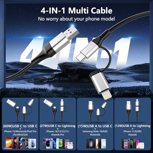60 W Versatile 4-in-1 Coiled Charging Cable for Apple Car Play & Android Auto – USB to USB C and Lightning Connector for i Phone, Android Devices, i Pad & Laptops – 3 Ft Tangle-Free Design for Rapid Data Sync & Fast Charging – Durable Black Accessory for Seamless Connectivity