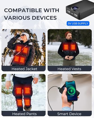 Rechargeable Heated Vest Battery Pack with LED Display – High-Capacity Portable Power Bank for Heated Apparel, Vests, Blankets, and Jackets – Dual USB-A Output & Type-C Input for Fast Charging – Up to 10 Hours of Warmth and Comfort on the Go