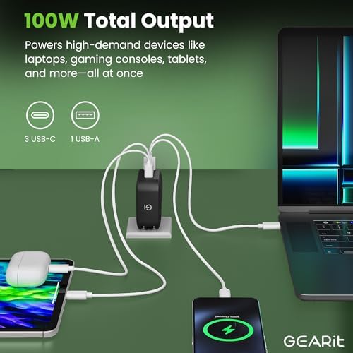 100 W Ga N USB-C Power Adapter – High-Efficiency Multi-Port Charger Hub with 4 PD 3.0 Outputs for Rapid Charging of Laptops, Smartphones, and Tablets – Compact Travel-Friendly Design Ideal for Apple, Samsung, Dell, Mac Book Pro/Air, i Phone, i Pad, and Google Pixel – Ultimate Power Solution for Home and On-the-Go