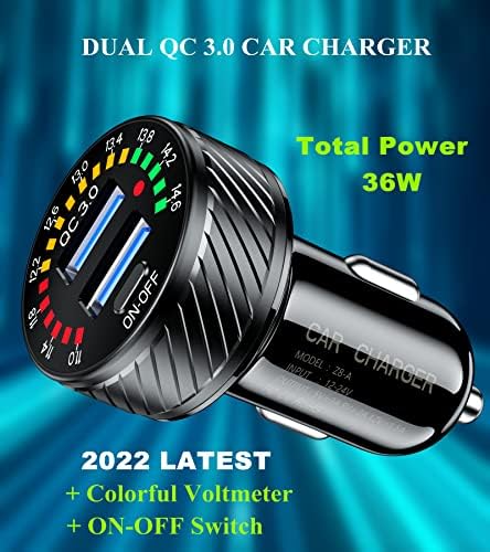 BARCOVAN Dual QC3.0 USB Car Charger Adapter – 36 W 3 A Fast Charging with Colorful Voltmeter Display & Energy-Saving ON/OFF Switch for Ultimate Convenience on the Go – Perfect for Modern Travelers and Tech Enthusiasts