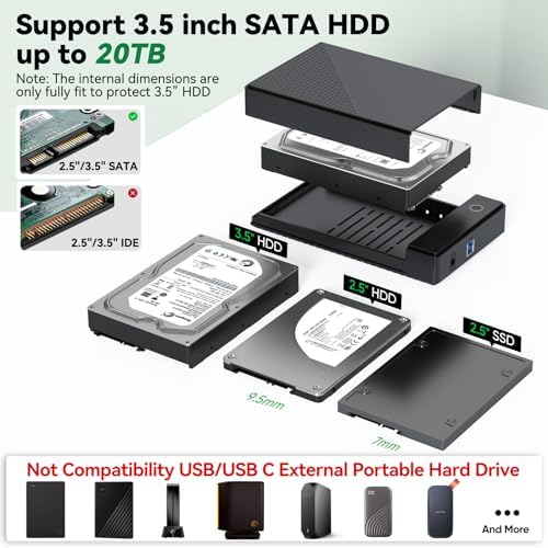 CLAVOOP 3.5-Inch SATA Hard Drive Enclosure – USB 3.0 External Case for Enhanced 20 TB Data Storage & Recovery, Optimal UASP Support for Fast File Transfers, 12 V 24 W Power Adapter Included, Ideal for PS5 and Xbox Compatibility
