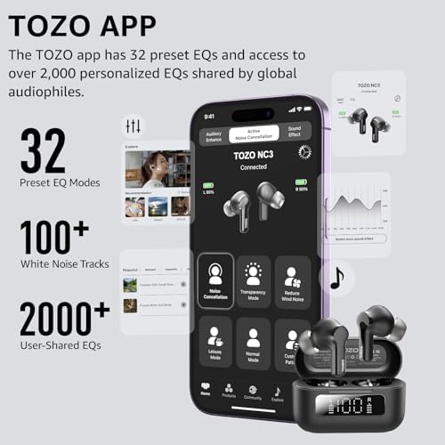 TOZO Elite Hybrid Active Noise Cancelling Wireless Earbuds – Cutting-Edge 6-Microphone AI Technology for Enhanced Call Clarity, 55-Hour Extended Battery Life, Customizable 32 EQ Settings via App, Bluetooth 5.3 for Fast Connectivity, IPX8 Waterproof for All-Weather Use, Ergonomically Designed for Comfort and Secure Fit