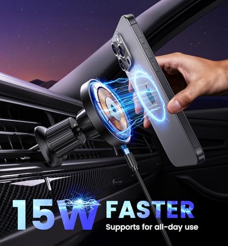 Mag-Safe Car Charger Mount: 15 W Magnetic Wireless Charging Solution for i Phone 12-16 Series – 3-in-1 Multifunctional Holder for Enhanced Navigation and Streaming – Sleek, Durable Design Perfect for Tech Lovers on the Go