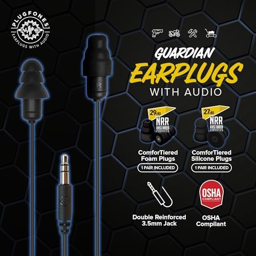 Plugfones Guardian Hybrid In-Ear Headphones with 29 d B Noise Reduction – OSHA Compliant Earplug Earbuds for Ultimate Hearing Protection and Superior Sound Quality – Includes Waterproof Case (Blue & Orange) for Easy Portability and Enhanced Durability