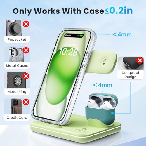 WAITIEE 3-in-1 Wireless Charging Station for i Phone, Apple Watch & Air Pods – Fast, Stylish Blue Charger with Enhanced Compatibility for i Phone 16, 15, 14, 13, 12, 11, X, 8 & Air Pods Pro – Ultimate Travel-Friendly Charging Solution with Safety Features