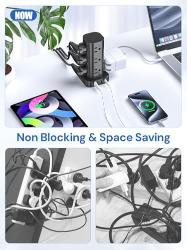 Ultimate Tower Power Strip Surge Protector – 12 AC Outlets & 4 High-Speed USB Ports (2 USB-C) with 6 FT Flexible Extension Cord – Versatile Charging Station for Home, Office, Dorm & Travel (Black) – Unmatched Safety & Space-Saving Design