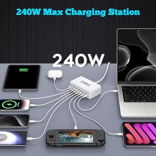 Revolutionary 240 W Ga N USB C Charging Station – 8-Port Fast Charger with PD100 W for Seamless Device Compatibility – Ideal Power Adapter for Mac Book Pro/Air, i Phone, Samsung, and Google – Compact Multi-Device Charging Hub for Enhanced Performance and Portability