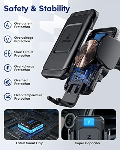 Zee Hoo 15 W Fast Wireless Car Charger with Auto-Clamp Mount – Effortless Qi Charging for i Phone 14/13/12 Mini/11 Pro Max & Samsung Galaxy S22/S21 – Multi-Position Holder for Windshield & Air Vent with 45 W QC3.0 Adapter for Enhanced Power Efficiency and Secure Usage