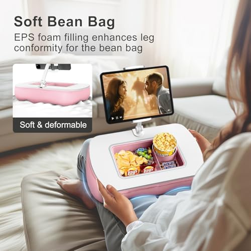 Ultimate Comfort Lap Beanbag Tablet Pillow Stand with Integrated Snack Bowl – Adjustable 360° Rotating i Pad Holder for 4.7″-13″ Devices – Perfect for Hands-Free Reading and Relaxation on Bed, Couch, or Recliner in Stylish Gray – Enhance Your Leisure Experience Today!