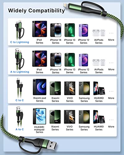 Universal 4-in-1 Multi-Device Charging Cable [2-Pack, 6.6 FT] – 60 W Fast Charging Nylon Braided Lightning & USB-C Cords for i Phone, i Pad, Samsung Galaxy, Mac Book & More – Durable & Tangle-Free Solution for Efficient Powering