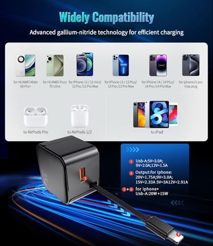 Rapid Charge 35 W Retractable Wall Charger with Built-In Cables – Cutting-Edge Gallium Nitride Technology for Swift Power Delivery to i Phone 14/13/12/11 Pro MAX/XR/XS/8/7 & i Pad – Compact & Travel-Friendly Design for Seamless Charging at Home, Office, or On-the-Go – Tangle-Free Convenience