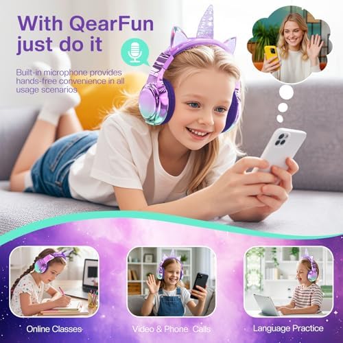 Elevate Your Child’s Listening Experience with Qear Fun Purple Cat Ear Bluetooth Headphones – 60 Hours of Playtime, Safe Volume Control (74/85/94 d B), Ultra-Portable Foldable Design, Advanced Bluetooth 5.3 Connectivity, and Built-in Mic for Girls – Perfect for School, Travel, and On-the-Go Fun