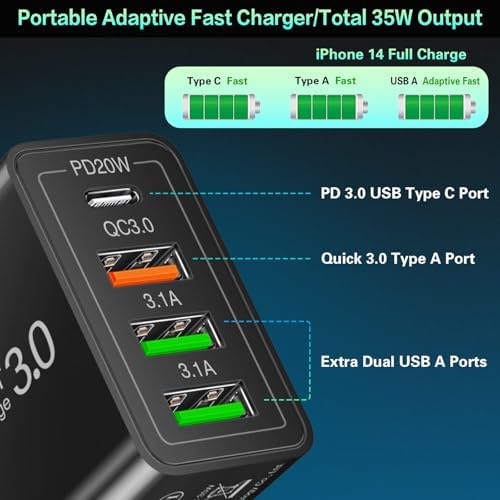 35 W USB-C Fast Charging Block 4-Pack – High-Speed 4-Port Wall Charger with PD 3.0 & Quick Charge 3.0 for i Phone 16/15/14/Pro, i Pad Pro, Samsung Galaxy, and More – Universal Compatibility for All Devices, Compact & Travel-Ready Power Adapter