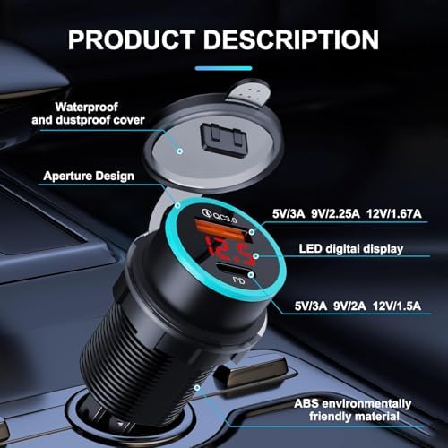 20 W Dual-Port USB-C Car Charger with Power Delivery & Quick Charge 3.0 – LED Voltage Display for Real-Time Monitoring – High-Speed Charging for i Phone, Samsung, and Android Devices in 12 V/24 V Vehicles – Ideal for Family Trips and Daily Commuting