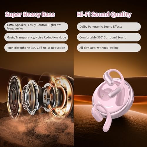 Stylish Pink Open Ear Bluetooth 5.4 Earbuds – Sweat-Resistant True Wireless Headphones with ENC Microphone for Clear Calls, 8-Hour Playtime – Ideal for Active Lifestyles and Seamless Connectivity
