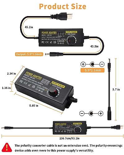 Versatile AOYADAISU 120 W Adjustable DC Power Supply with 14 Tips & Polarity Converter – Perfect for Fast Charging LED Strip Lights, Cameras, and More – 3 V-24 V Output with 5 A Maximum Current for Ultimate Compatibility and Performance