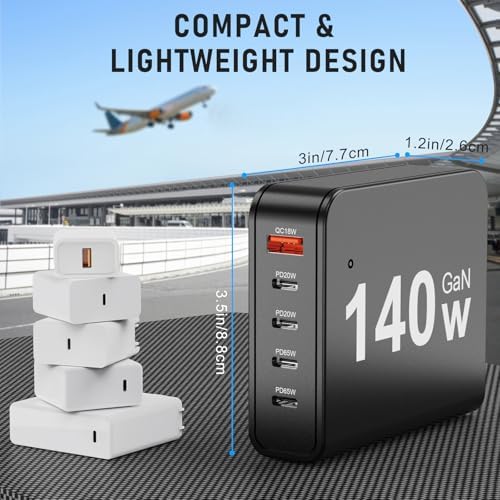 140 W Ga N USB-C Charging Hub: 5-Port Power Adapter for Fast Simultaneous Charging of Mac Book Pro, Dell Laptops, i Phone 16/15/14, Samsung Galaxy S25 – Compact Design with 65 W Output per Port, Universal Compatibility, and Advanced Safety Features for Office and Home Use