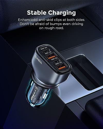Experience Rapid Roadside Charging with SUNDA 120 W USB C Fast Car Charger – 4-Port Adapter Featuring Dual Type C PD60 W/PPS60 W for i Phone 16/15 Pro/Max/14 & Samsung Galaxy S24, Plus Dual USB-A 30 W QC3.0 for All Android Devices – Compact, Durable, and Universally Compatible for Effortless Multi-Device Charging on the Go