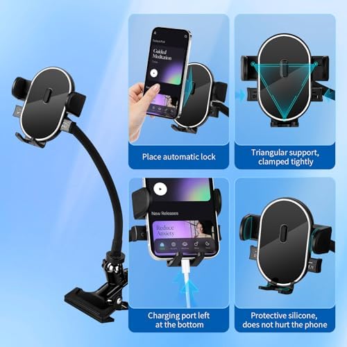 Versatile 360° Gooseneck Clip Phone Holder with Auto-Locking Clamp – Adjustable Arm Lengths for Desk, Treadmill, and Mic Stand – Securely Fits 4-7″ Smartphones for Ultimate Hands-Free Convenience and Enhanced Productivity