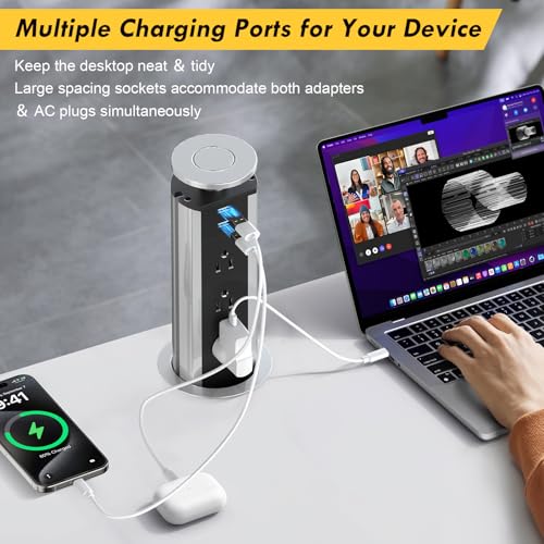 Elevate Your Charging Station with the Kungfuking Retractable Pop Up Outlet Socket – Versatile Power Hub Featuring 3 US Plugs & 2 USB Ports for Kitchen Counters, Conference Rooms, and Office Spaces, Sleek Black Design for Modern Aesthetics, Efficient Charging & Clutter-Free Organization