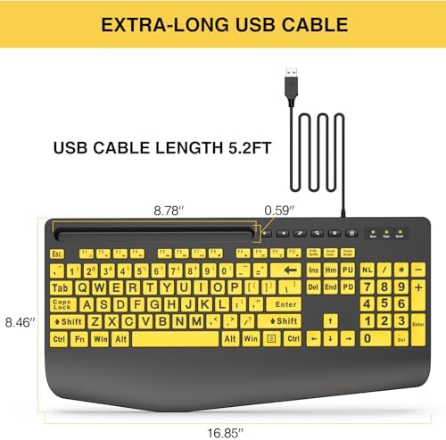 SABLUTE Ergonomic Large Print Wired Keyboard with Wrist Rest & Phone Holder – Perfect for Enhanced Visibility and Comfort in Windows, Desktop & Laptop Use – Eye-Catching Yellow Design for Effortless Typing Experience