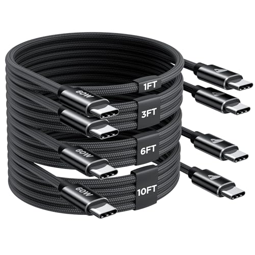 Ultimate 4-Pack USB C to USB C Cables – 60 W Fast Charging Solutions with Durable Nylon Braiding, Flexible Lengths (1 ft, 3 ft, 6 ft, 10 ft) for i Phone 16, Mac Book Pro, i Pad Pro, Samsung Galaxy S24/S23 Ultra & Nintendo Switch – Perfect Connectivity for Home, Office & Travel
