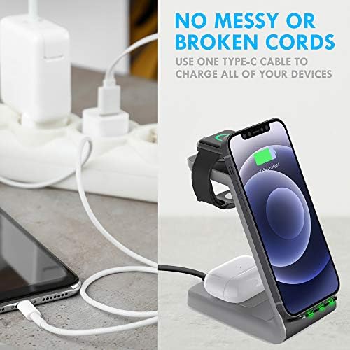 Aduro Power Up Trinity Pro 3-in-1 Wireless Charging Station for Apple Devices – Ultimate Fast Qi Charging Dock for i Phone 12/11/SE, Apple Watch & Air Pods – Sleek Design with Enhanced Safety Features for Efficient Power Management and Organized Device Storage