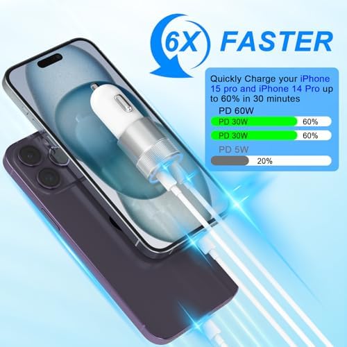 High-Speed Dual USB-C i Phone Car Charger | Apple MFi Certified 60 W Cigarette Lighter Adapter with Type-C & Lightning Cables | Perfect for i Phone 16, 15, 14, 13, 12 Pro Plus, XS, XR, i Pad & Samsung Devices | Compact & Efficient Travel Charging Solution
