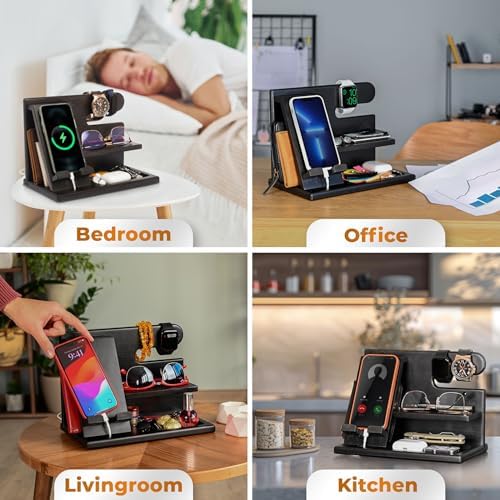 TESLYAR Wood Phone Docking Station for Men – Desktop or Nightstand Organizer – Birthday Gifts for Men, Dad – Anniversary Idea from Wife – Key Holder, Stand Wallet, Watch & Essentials (Antique Brown) – Enhanced Compatibility and Speed