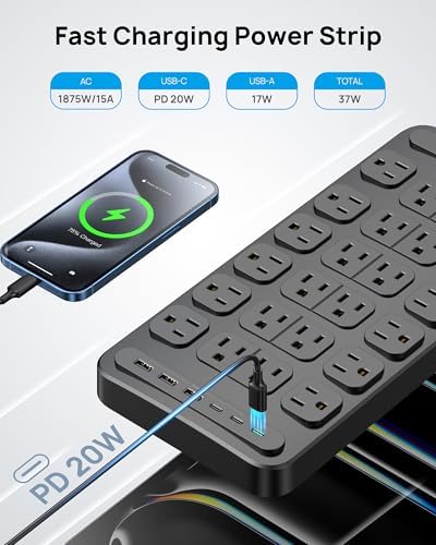 TROND 360° Rotating Surge Protector Power Strip – 24 AC Outlets & 6 Fast Charging USB Ports (37 W) – 4000 Joules Protection for Ultimate Device Safety – 6 ft Heavy Duty Extension Cord for Gaming and Office Use – ETL Listed for Dependable Performance – Essential Power Solution for Dorm Rooms and More