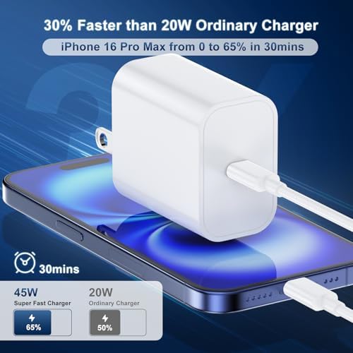 45 W Ultra-Fast USB-C Charger for i Phone 16 Pro Max & Samsung Galaxy S24 – Includes 6 FT & 10 FT Durable Charging Cables for Maximum Flexibility – Efficient Power Adapter for Home, Office, and Travel Use – Stay Charged On-the-Go