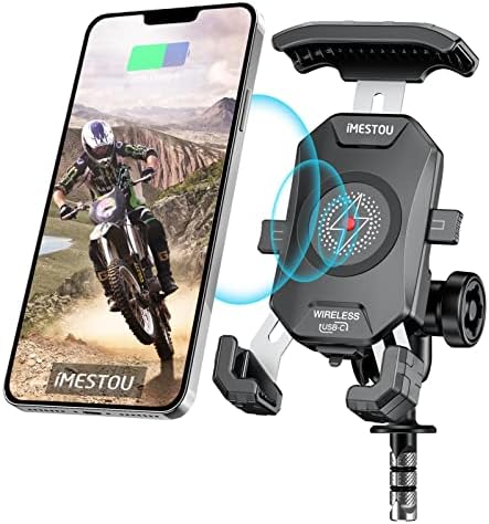 i MESTOU Wireless Phone Charger & Anti-Theft Motorcycle Mount – Fast 15 W Quick Charge with 720-Degree Rotation, USB-C 3 A Compatibility, Secure 1″ Ball Phone Holder for 4.0-7.0″ Smartphones – Innovative Handlebar Accessory for 12 V/24 V Vehicles