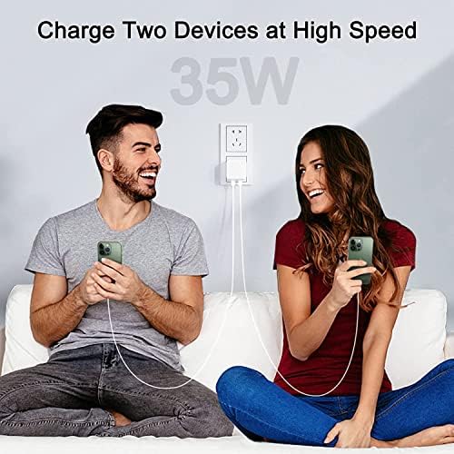 MFi Certified 35 W Dual USB-C Power Adapter for i Phone 13/14 – Compact Foldable Fast Charger with 2 x 6.6 FT USB-C to Lightning Cables for Rapid Charging and Enhanced Compatibility – Ideal Travel Solution for Apple Devices