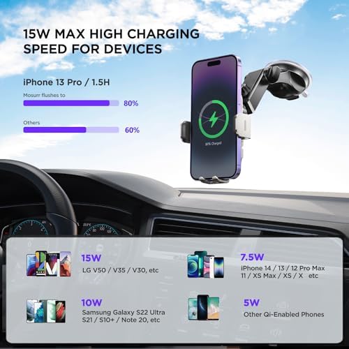 High-Speed Wireless Car Charger with Auto-Clamping Phone Mount and RGB Backlight – 15 W Qi-Compatible Charging for i Phone 15, 14, 13, 12 Mini, Pro Max, 11, XR, X, Samsung Galaxy S23 Ultra, S22, S21+ – Sleek Silver Design for Enhanced Aesthetics and Safety on the Road